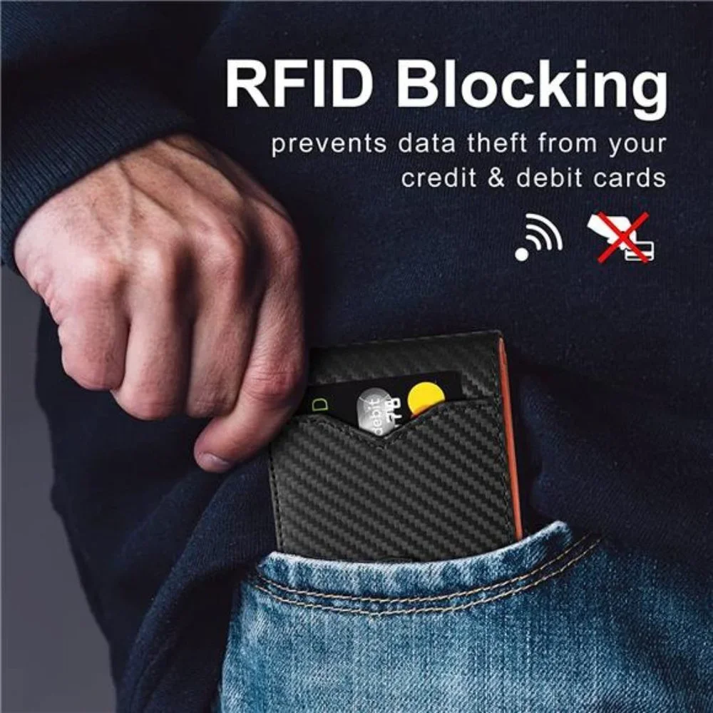 Mens Slim Wallet Minimalist Genuine Leather Carbon Fiber Rfid Blocking Orange